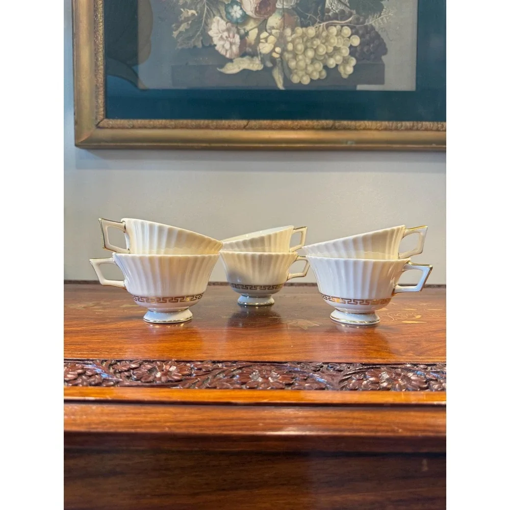 Vintage Lenox Cretan Tea Cups Set of 6 • Ivory Bone China w/ Gold Greek Key Trim